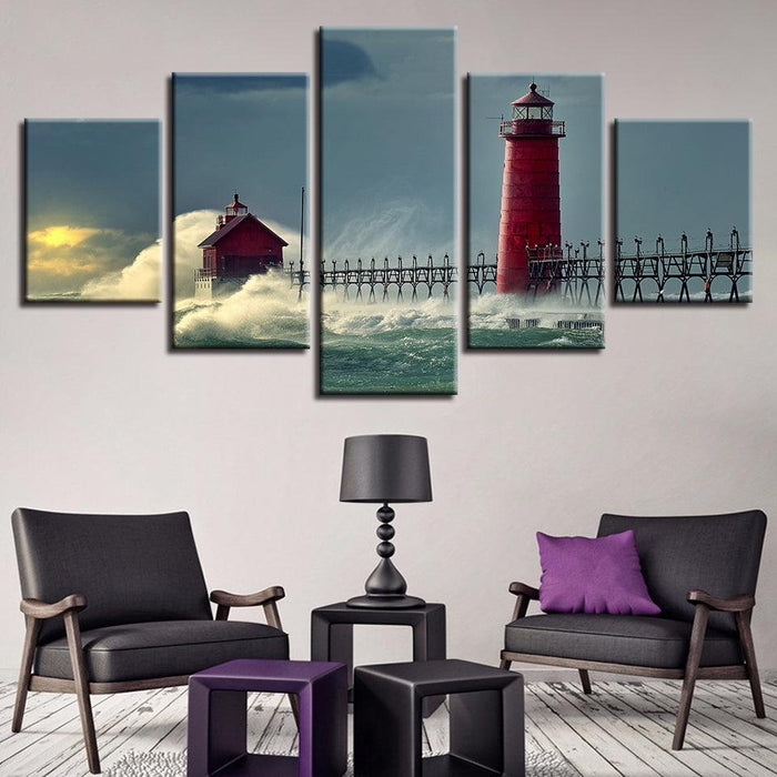 Lighthouse Seascape 5 Piece HD Multi Panel Canvas Wall Art Frame - Original Frame