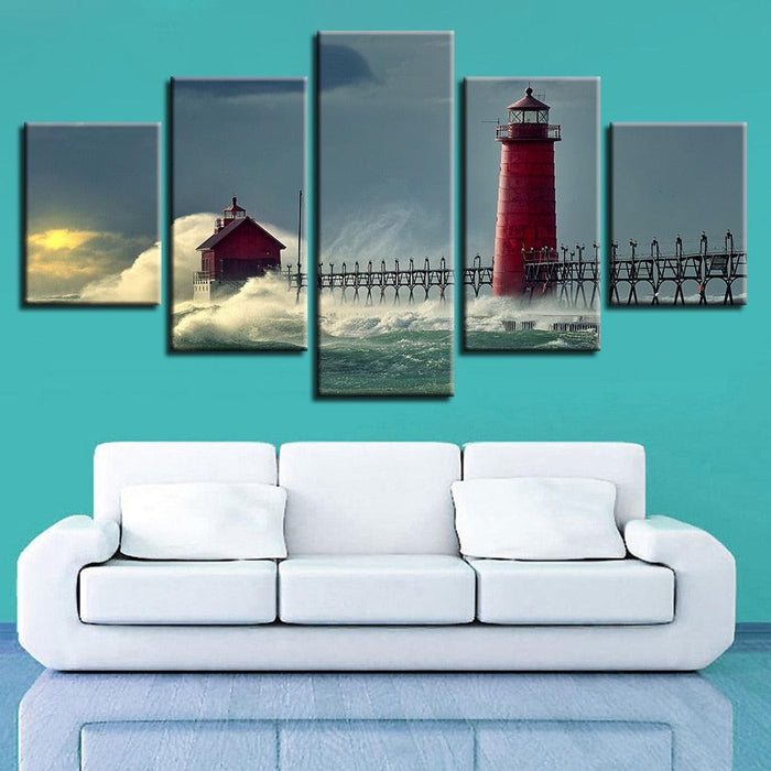 Lighthouse Seascape 5 Piece HD Multi Panel Canvas Wall Art Frame - Original Frame