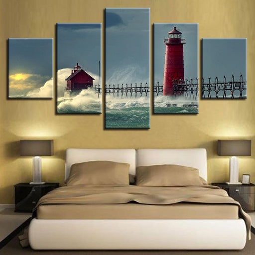 Sea Waves Against Lighthouse 5 Piece HD Multi Panel Canvas Wall Art Frame - Original Frame