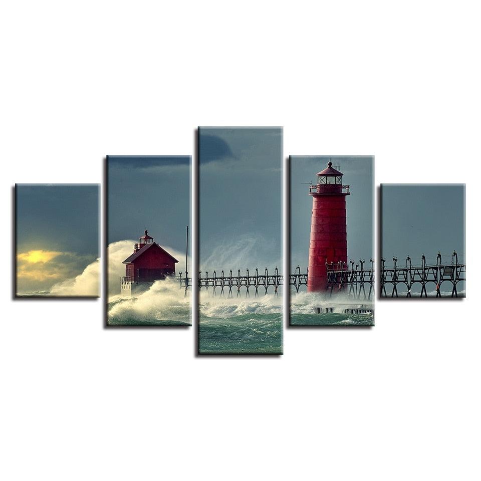 Sea Waves Against Lighthouse 5 Piece HD Multi Panel Canvas Wall Art Frame - Original Frame