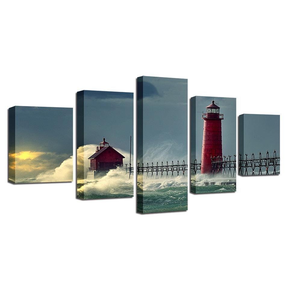 Sea Waves Against Lighthouse 5 Piece HD Multi Panel Canvas Wall Art Frame - Original Frame