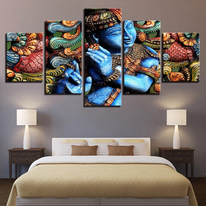 Lord Krishna 5 Piece HD Multi Panel Canvas Wall Art Frame - Original Frame