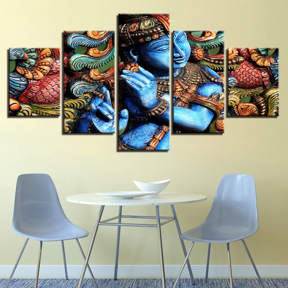 Lord Krishna 5 Piece HD Multi Panel Canvas Wall Art Frame - Original Frame