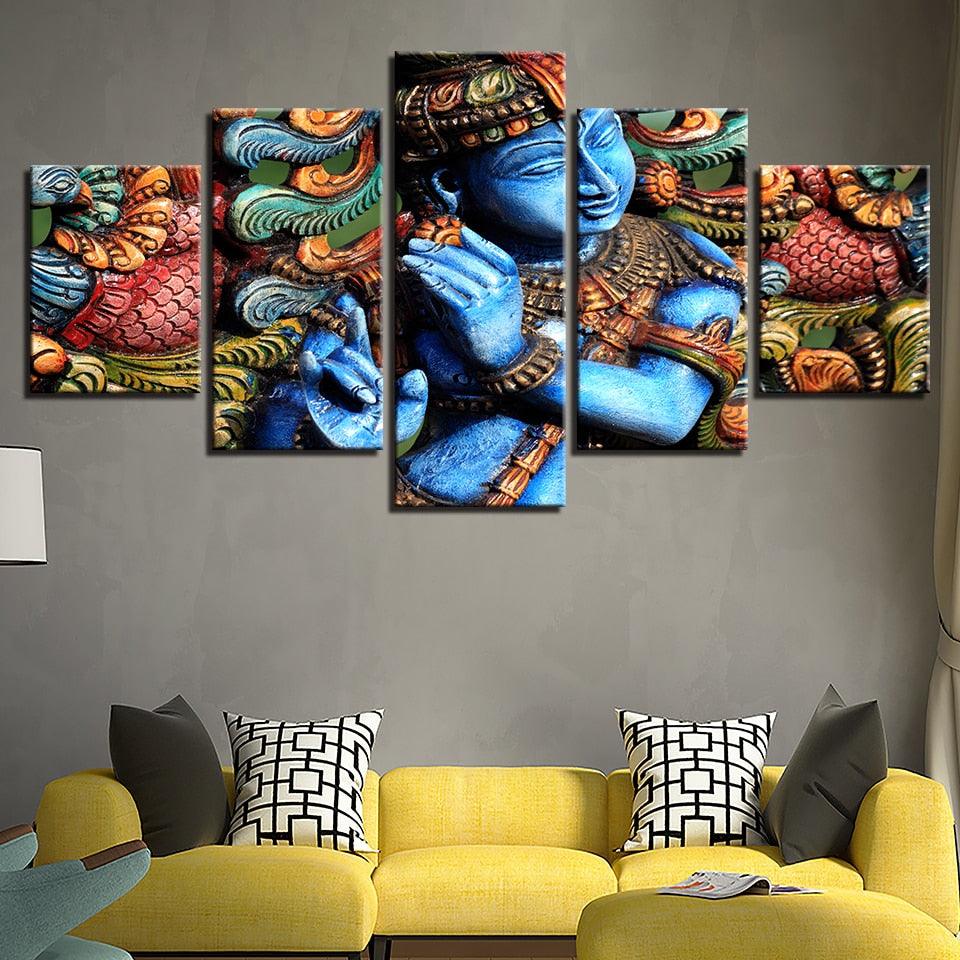 Lord Krishna 5 Piece HD Multi Panel Canvas Wall Art Frame - Original Frame