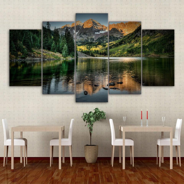 Mountain Lake Tree 5 Piece HD Multi Panel Canvas Wall Art Frame - Original Frame