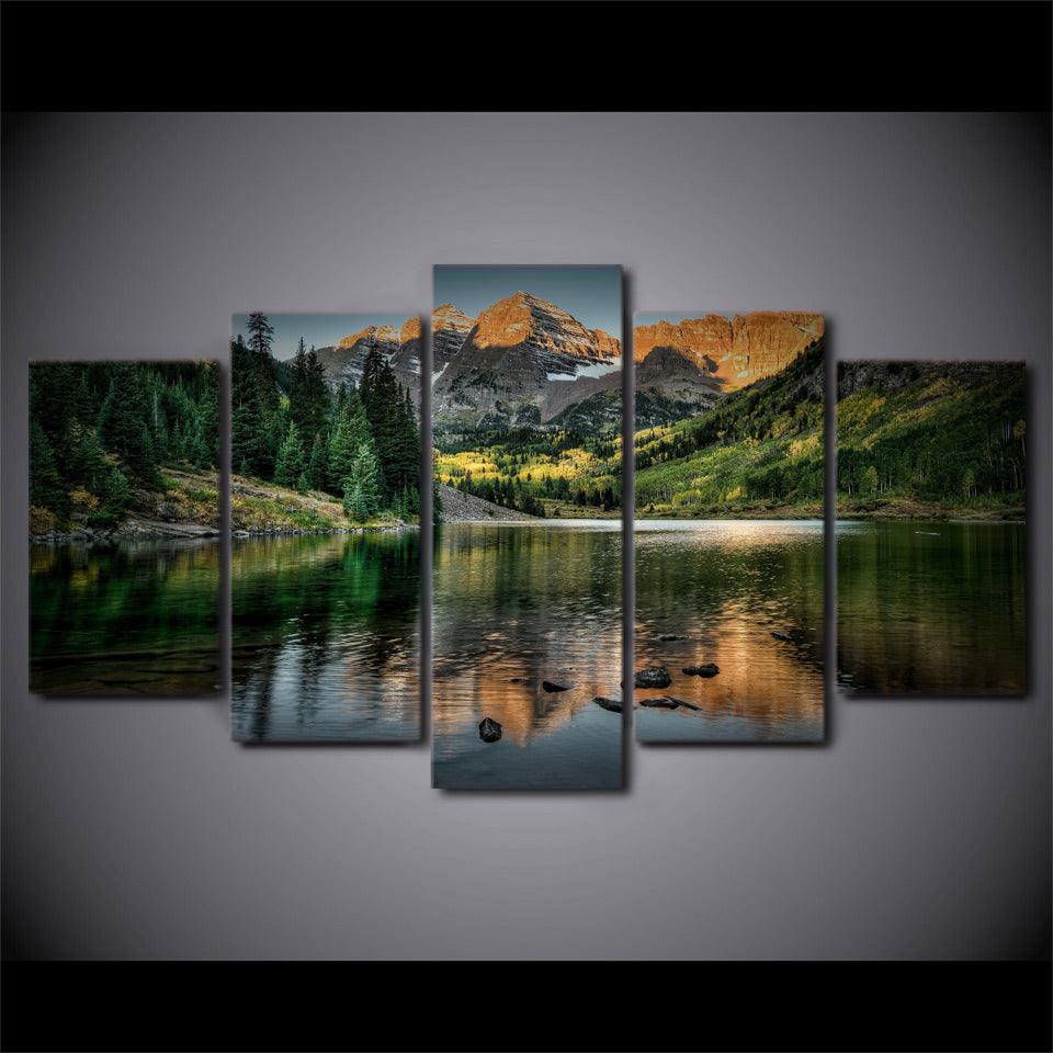 Mountain Lake Tree 5 Piece HD Multi Panel Canvas Wall Art Frame - Original Frame