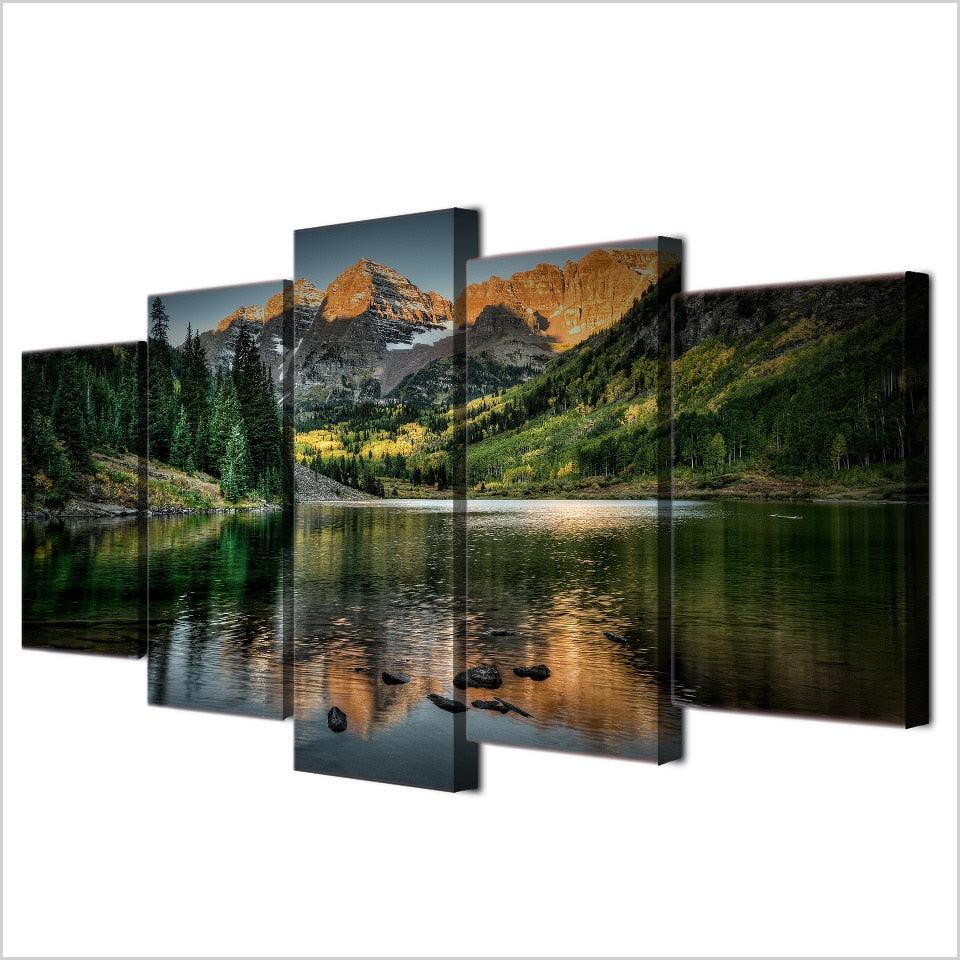 Mountain Lake Tree 5 Piece HD Multi Panel Canvas Wall Art Frame - Original Frame