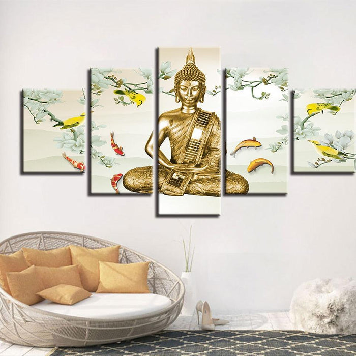 Buddha And Fish 5 Piece HD Multi Panel Canvas Wall Art Frame
