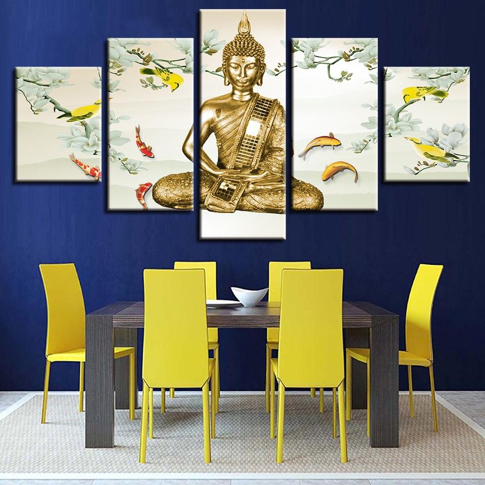 Buddha And Fish 5 Piece HD Multi Panel Canvas Wall Art Frame - Original Frame