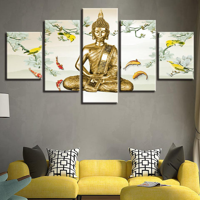 Buddha And Fish 5 Piece HD Multi Panel Canvas Wall Art Frame