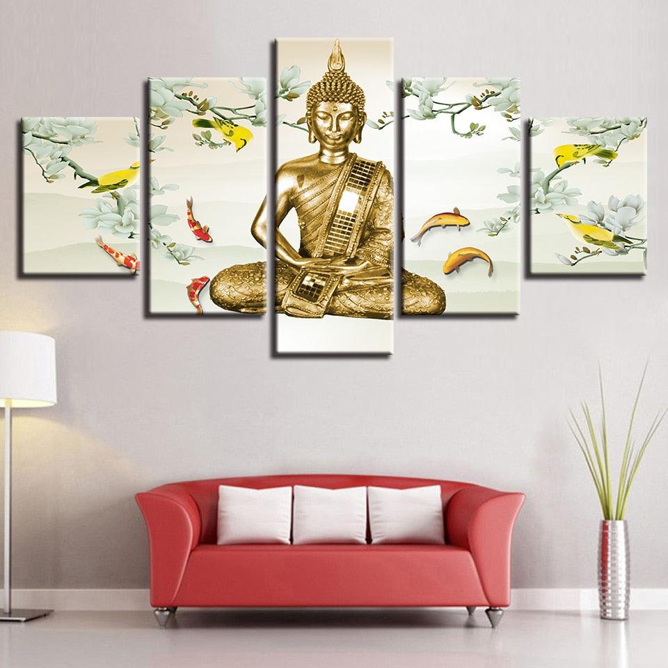 Buddha And Fish 5 Piece HD Multi Panel Canvas Wall Art Frame - Original Frame