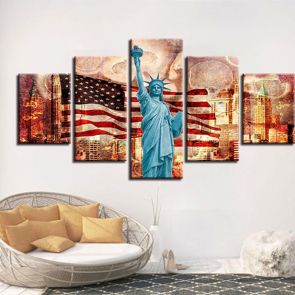 Statue Of Liberty Classical 5 Piece HD Multi Panel Canvas Wall Art Frame - Original Frame