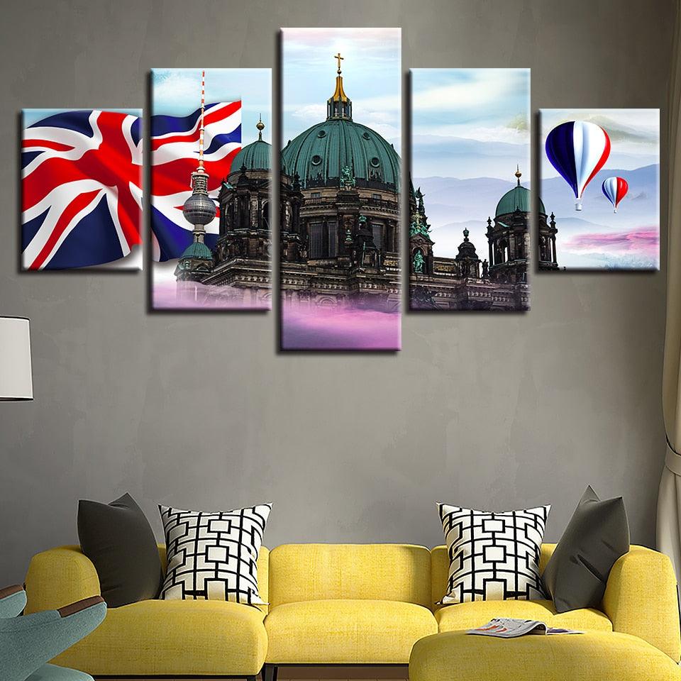 British Flag Castle 5 Piece HD Multi Panel Canvas Wall Art Frame - Original Frame