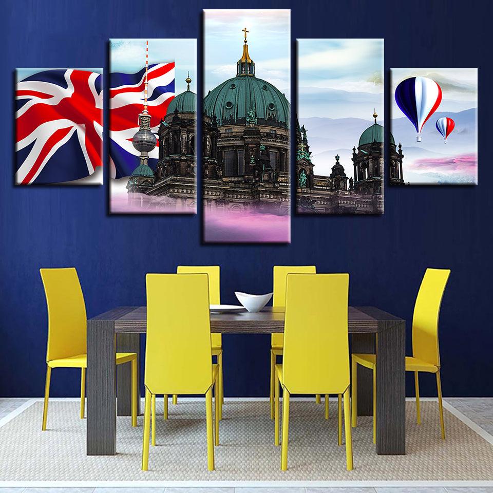 British Flag Castle 5 Piece HD Multi Panel Canvas Wall Art Frame - Original Frame