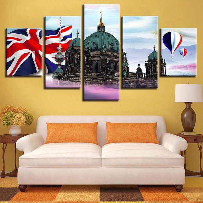 British Flag Castle 5 Piece HD Multi Panel Canvas Wall Art Frame