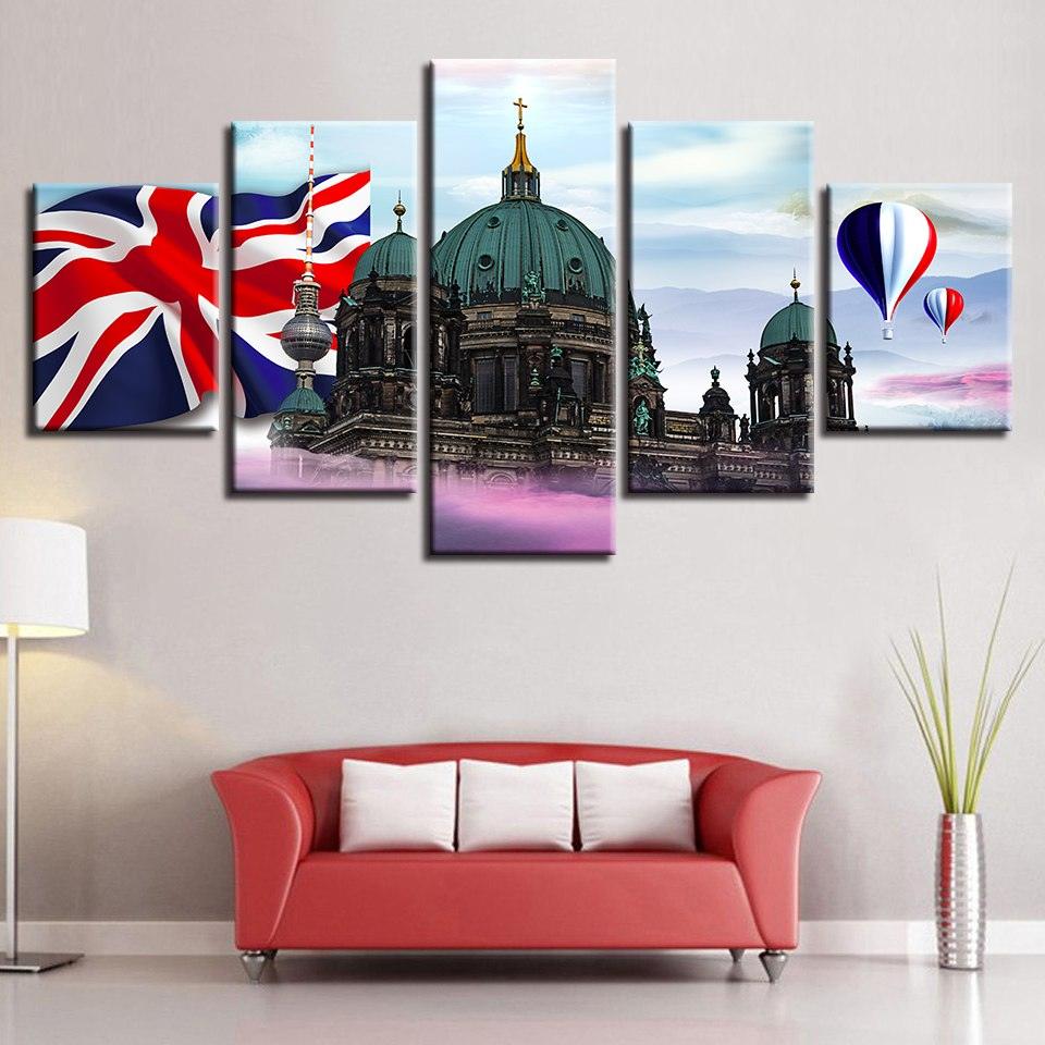 British Flag Castle 5 Piece HD Multi Panel Canvas Wall Art Frame - Original Frame