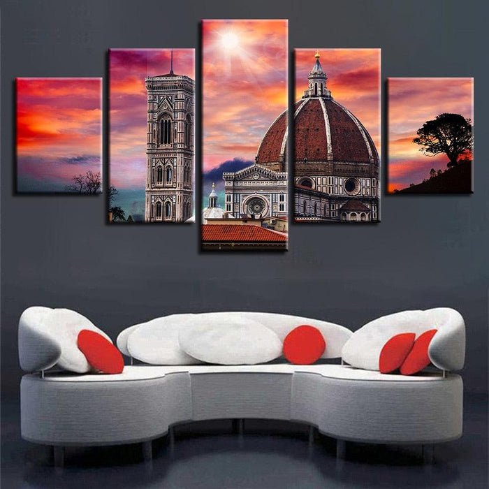 Castle Sunset 5 Piece HD Multi Panel Canvas Wall Art Frame - Original Frame