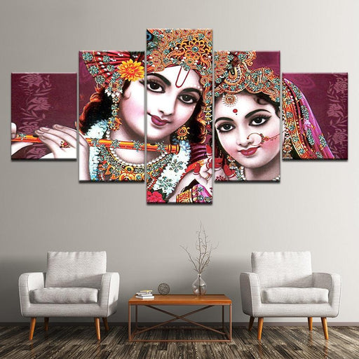 India God Radha Krishna 5 Piece HD Multi Panel Canvas Wall Art Frame - Original Frame