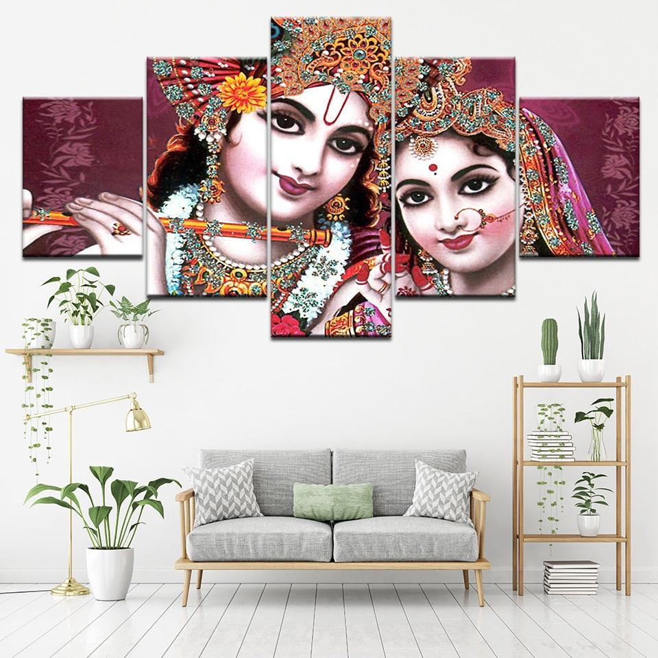 India God Radha Krishna 5 Piece HD Multi Panel Canvas Wall Art Frame - Original Frame