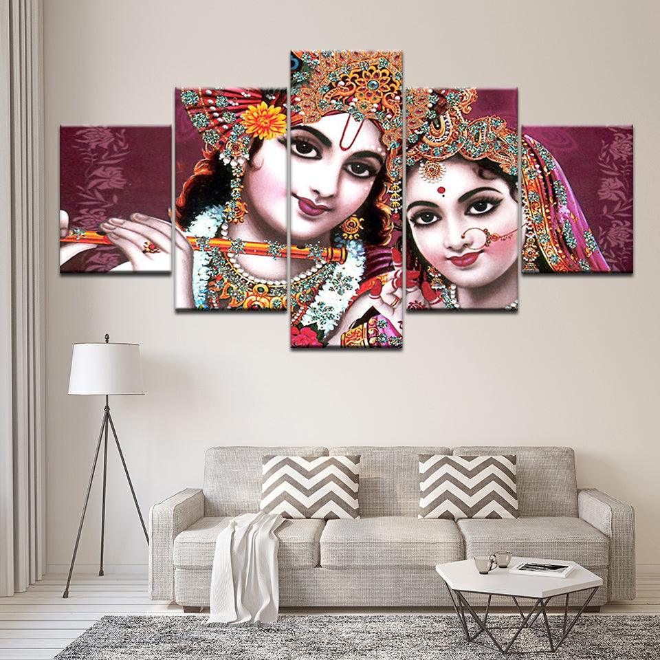 India God Radha Krishna 5 Piece HD Multi Panel Canvas Wall Art Frame - Original Frame