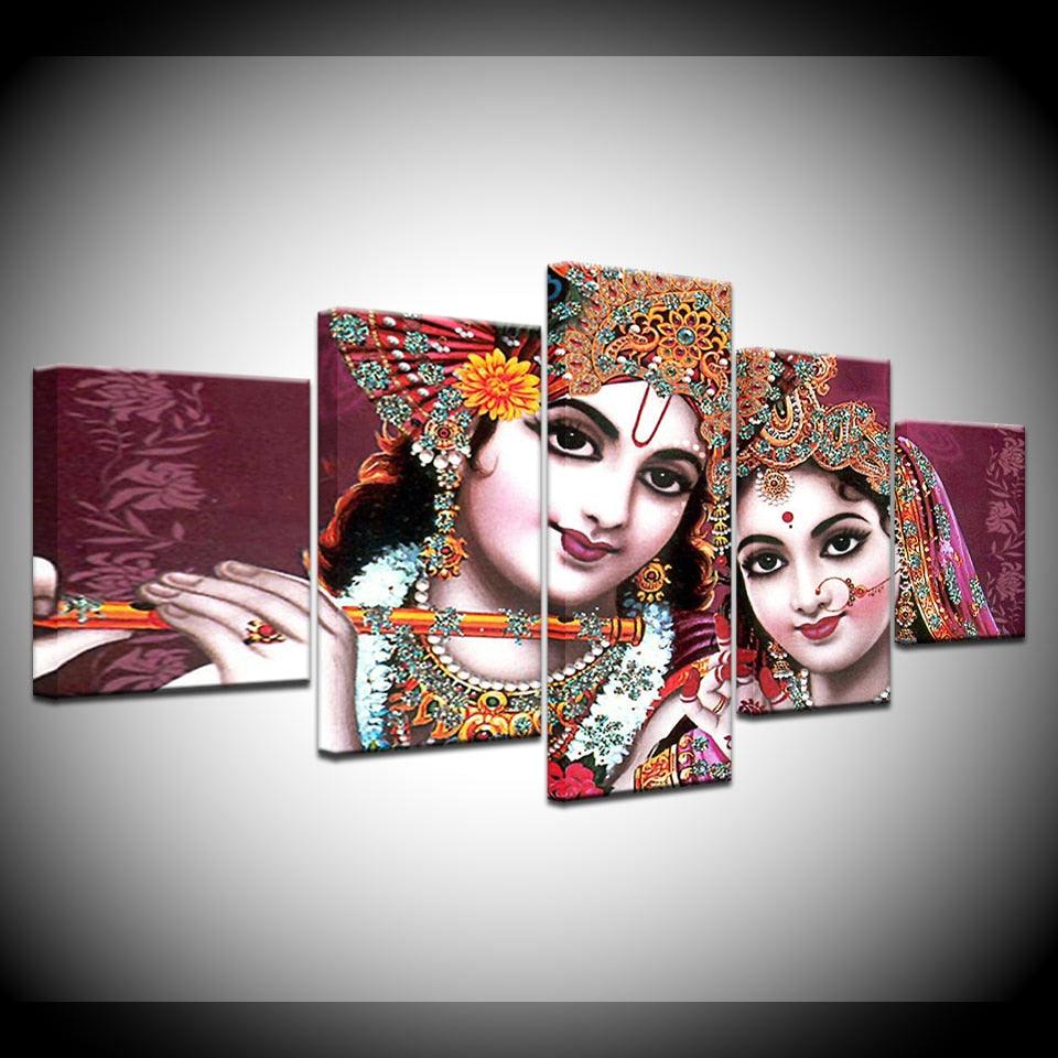 India God Radha Krishna 5 Piece HD Multi Panel Canvas Wall Art Frame - Original Frame