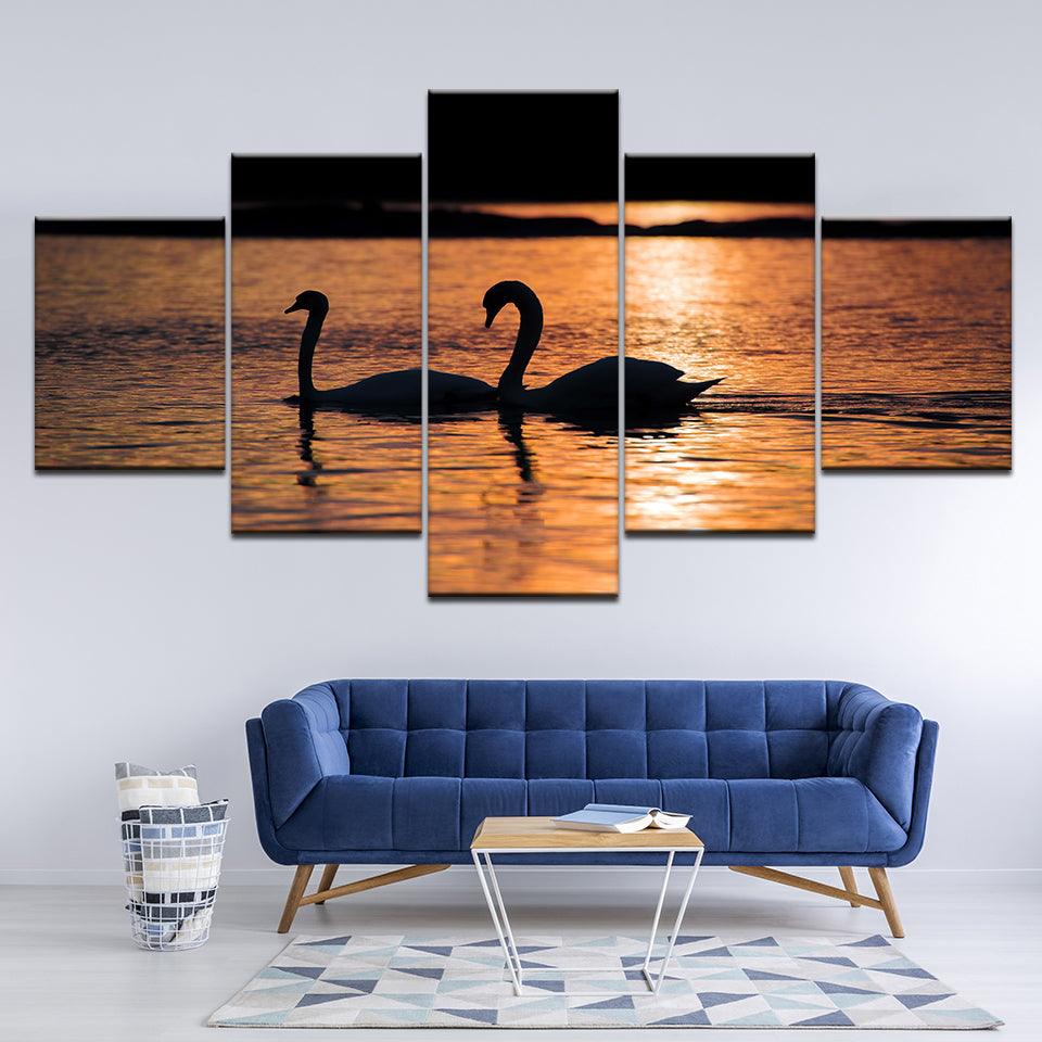 Swans in Sunset 5 Piece HD Multi Panel Canvas Wall Art Frame - Original Frame