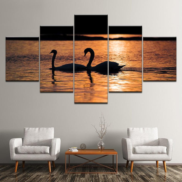 Swans in Sunset 5 Piece HD Multi Panel Canvas Wall Art Frame - Original Frame