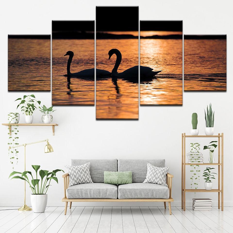 Swans in Sunset 5 Piece HD Multi Panel Canvas Wall Art Frame - Original Frame