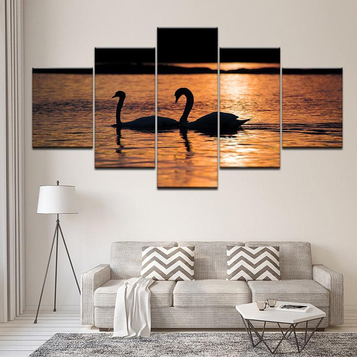 Swans in Sunset 5 Piece HD Multi Panel Canvas Wall Art Frame - Original Frame