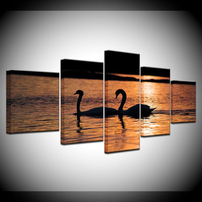 Swans in Sunset 5 Piece HD Multi Panel Canvas Wall Art Frame - Original Frame