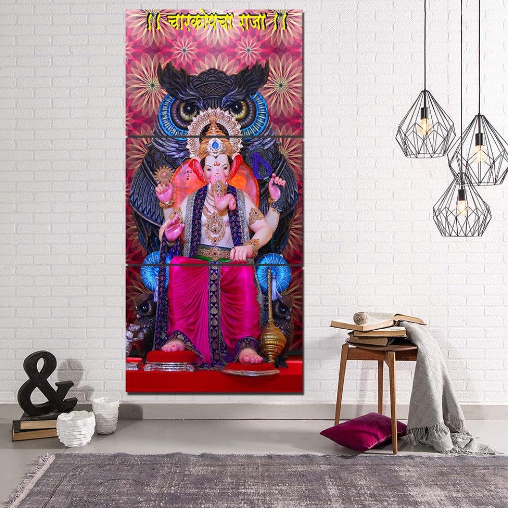 Hindu God Ganesha 3 Piece HD Multi Panel Canvas Wall Art Frame - Original Frame