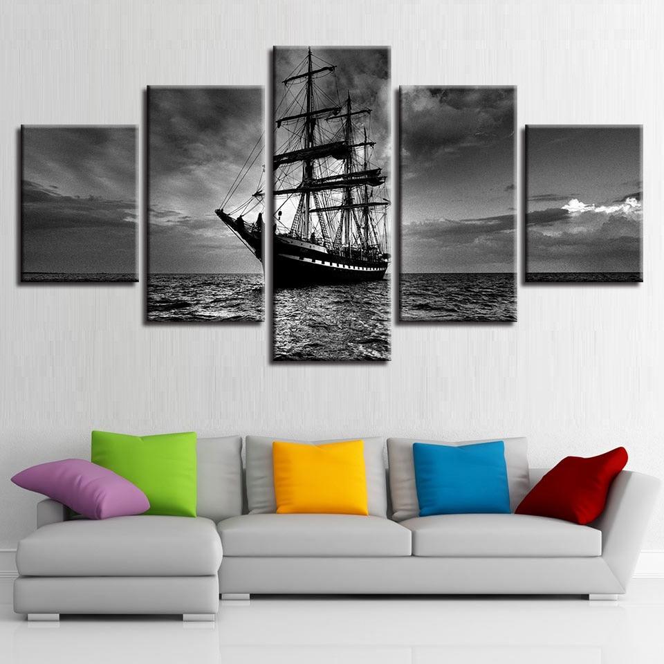 Black & White Sailing Boat 5 Piece HD Multi Panel Canvas Wall Art Fram ...