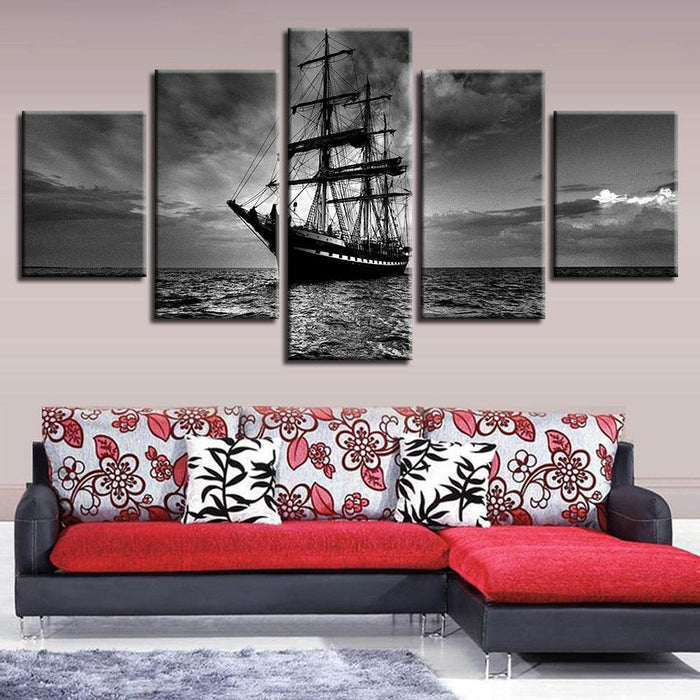 Black & White Sailing Boat 5 Piece HD Multi Panel Canvas Wall Art Frame - Original Frame