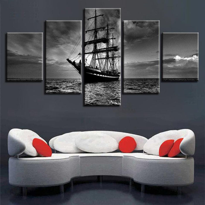 Black & White Sailing Boat 5 Piece HD Multi Panel Canvas Wall Art Frame