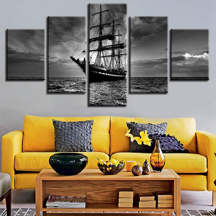 Black & White Sailing Boat 5 Piece HD Multi Panel Canvas Wall Art Frame