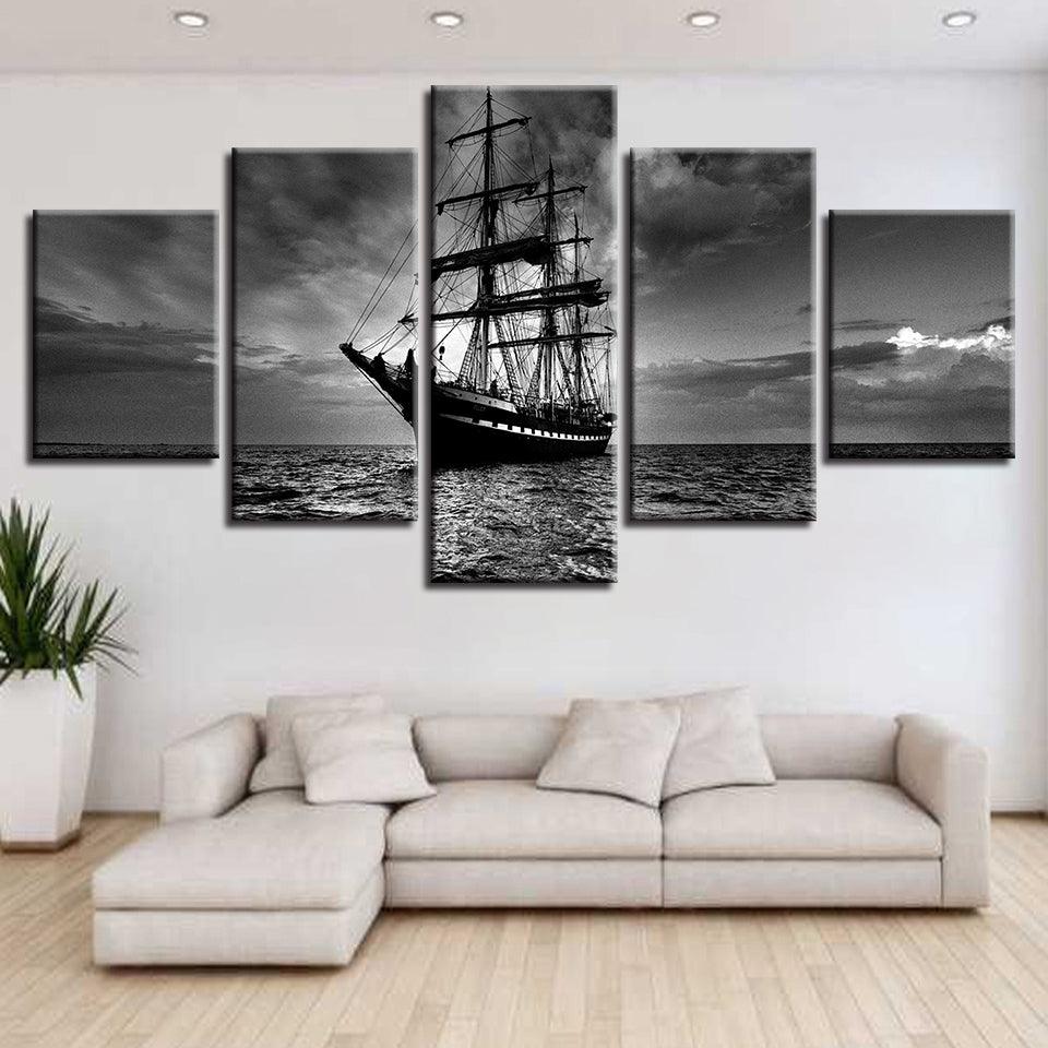 Black & White Sailing Boat 5 Piece HD Multi Panel Canvas Wall Art Frame - Original Frame