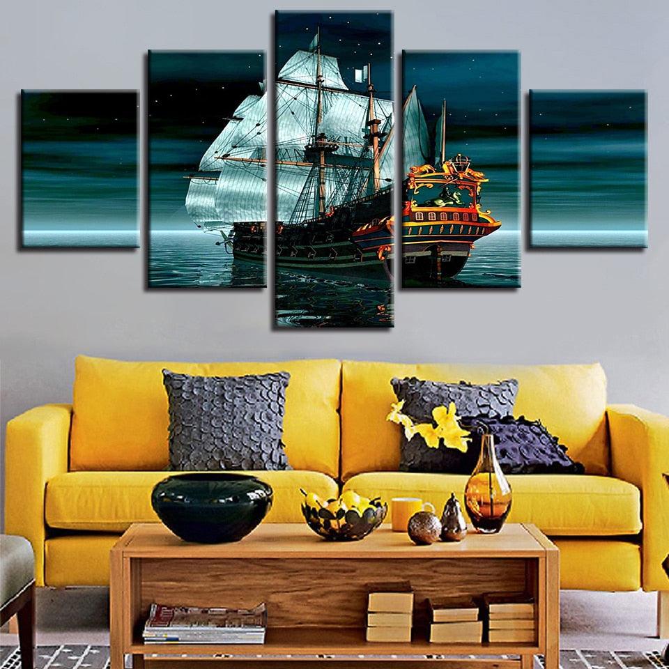 Boat Sea Stars 5 Piece HD Multi Panel Canvas Wall Art Frame - Original Frame