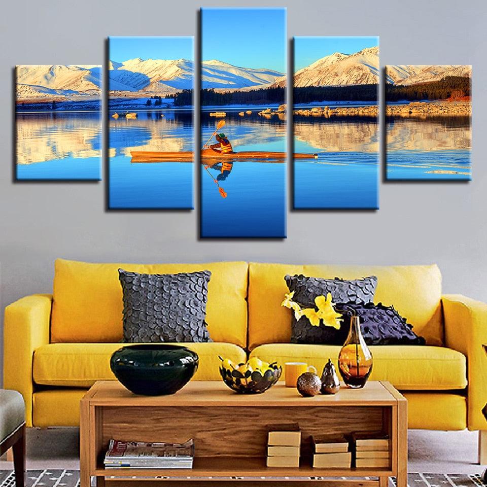 Blue Lake Canoe 5 Piece HD Multi Panel Canvas Wall Art Frame - Original Frame