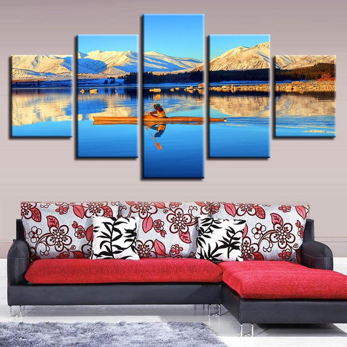 Blue Lake Canoe 5 Piece HD Multi Panel Canvas Wall Art Frame - Original Frame