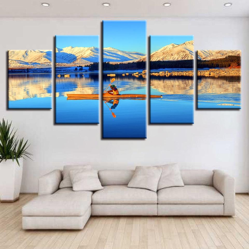 Blue Lake Canoe 5 Piece HD Multi Panel Canvas Wall Art Frame - Original Frame