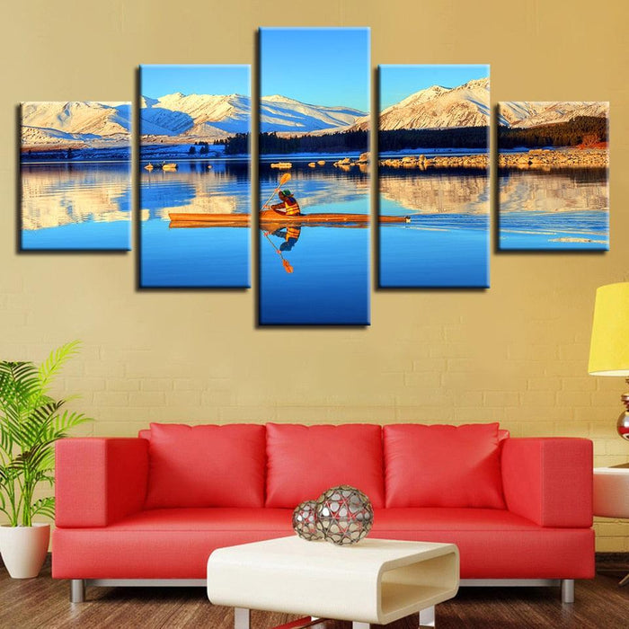 Blue Lake Canoe 5 Piece HD Multi Panel Canvas Wall Art Frame - Original Frame