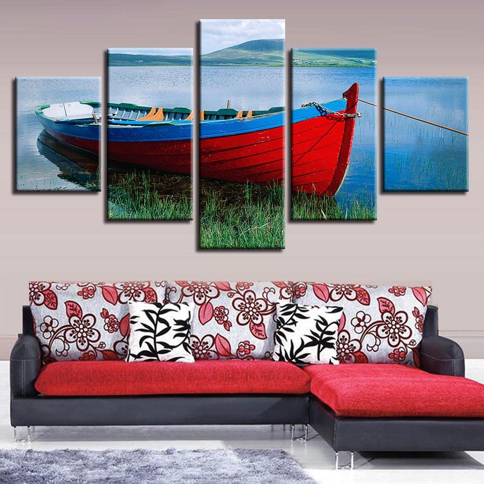 Ship River Mountain Scenery 5 Piece HD Multi Panel Canvas Wall Art Frame - Original Frame