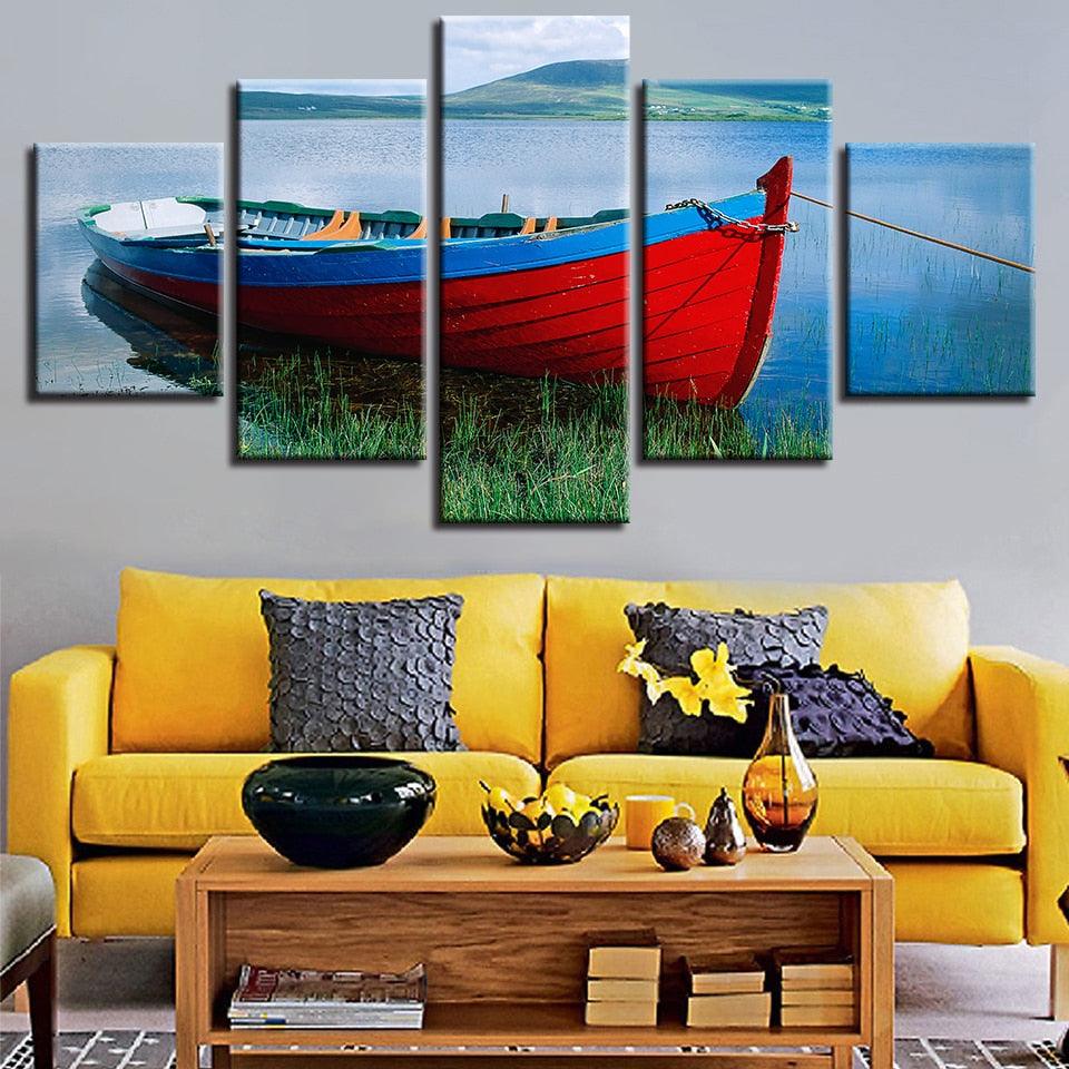 Ship River Mountain Scenery 5 Piece HD Multi Panel Canvas Wall Art Frame - Original Frame