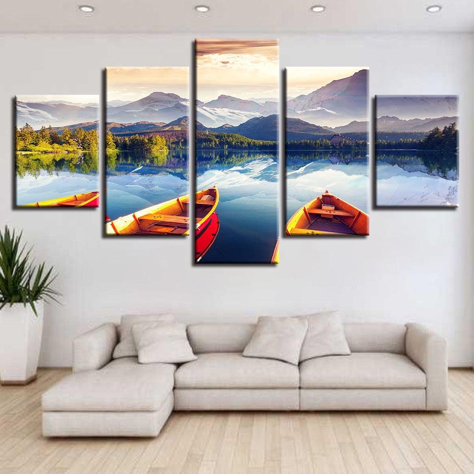 Mountain Lake And Boat 5 Piece HD Multi Panel Canvas Wall Art Frame - Original Frame
