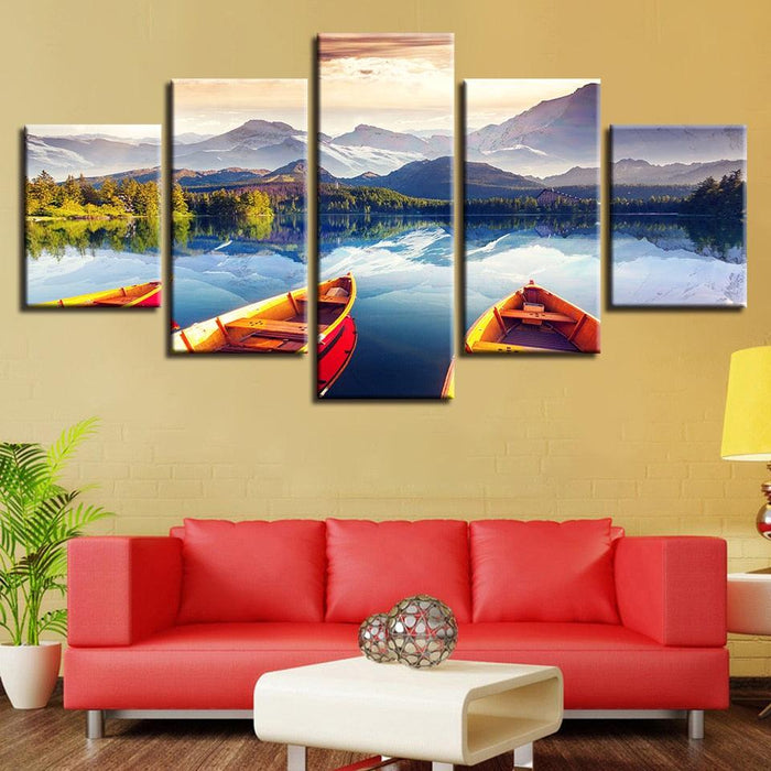 Mountain Lake And Boat 5 Piece HD Multi Panel Canvas Wall Art Frame