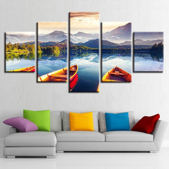 Mountain Lake And Boat 5 Piece HD Multi Panel Canvas Wall Art Frame - Original Frame