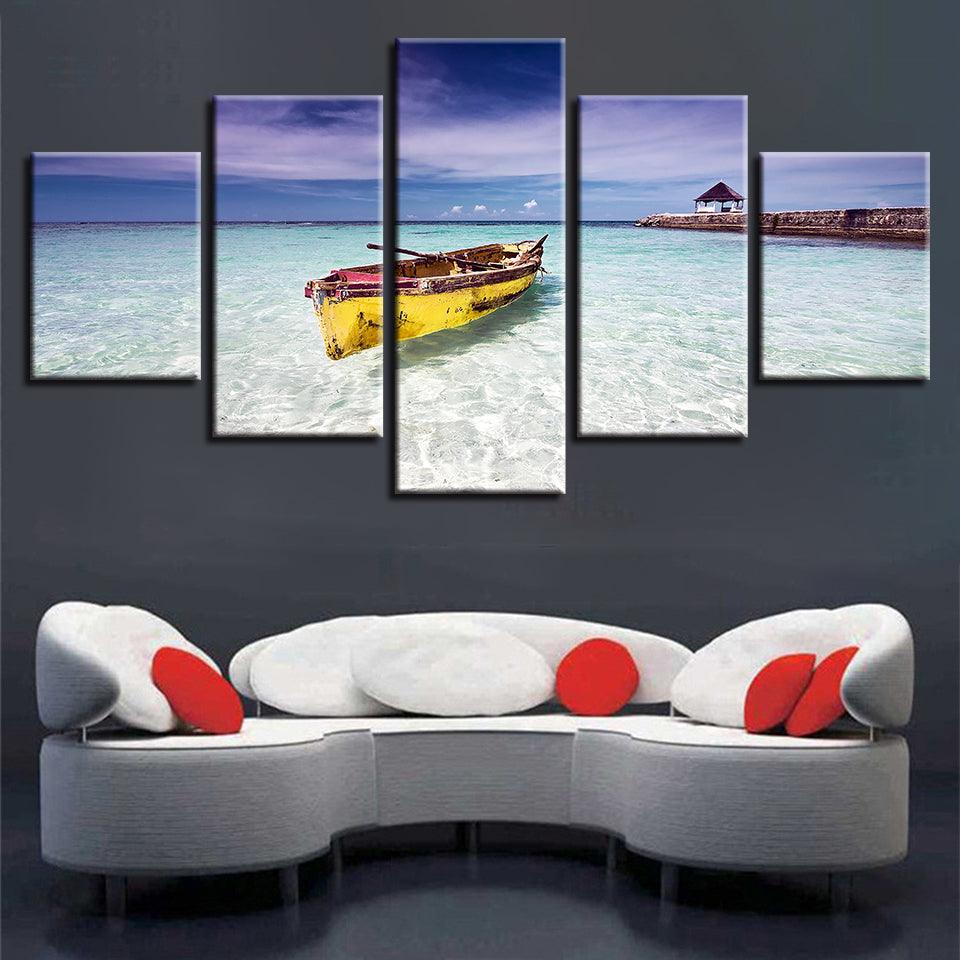 Beach Ocean And Boat 5 Piece HD Multi Panel Canvas Wall Art Frame - Original Frame