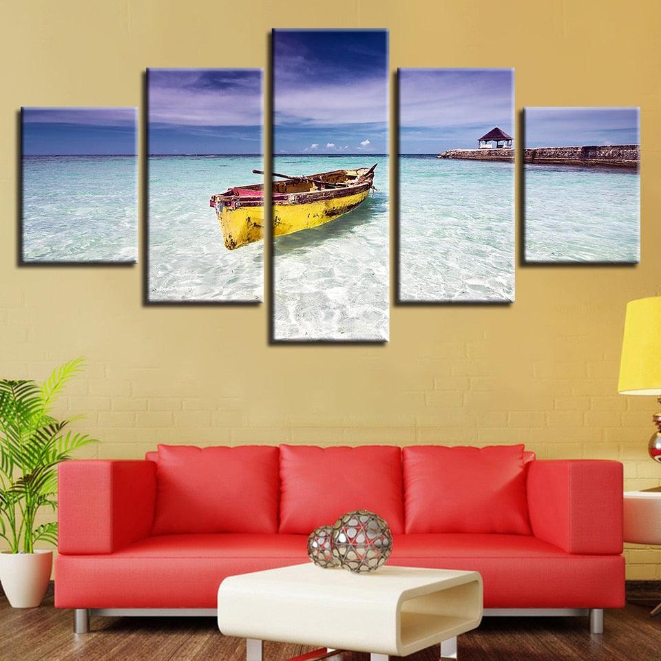 Beach Ocean And Boat 5 Piece HD Multi Panel Canvas Wall Art Frame - Original Frame