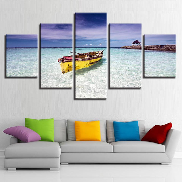 Beach Ocean And Boat 5 Piece HD Multi Panel Canvas Wall Art Frame - Original Frame