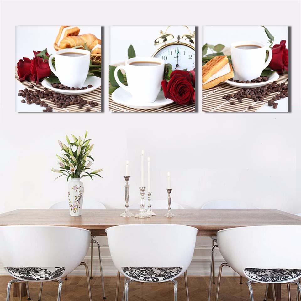 Coffee Cup Red Rose 3 Piece HD Multi Panel Canvas Wall Art Frame - Original Frame